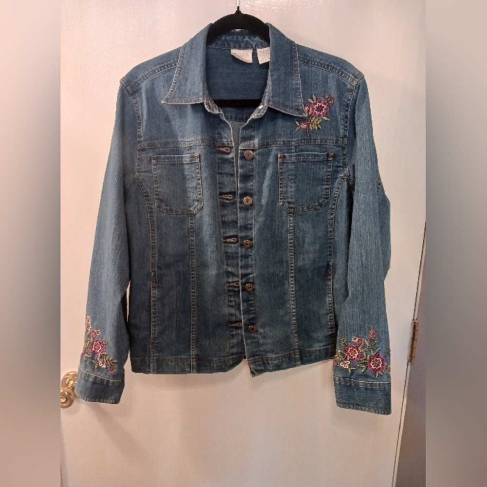 Adorable Denim Jacket With Floral Embroidery And Beads By Erika Ladies Size L